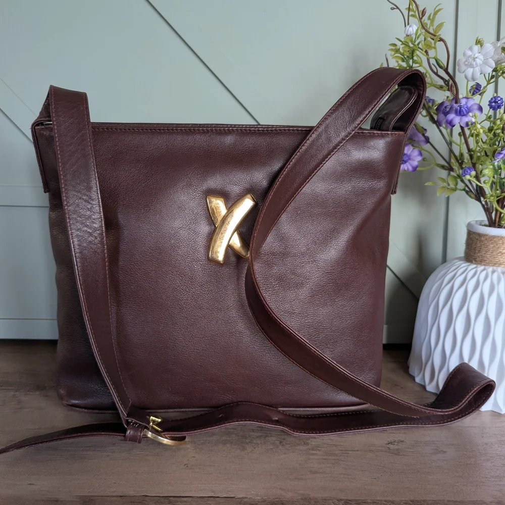 Paloma Picasso Dark Brown Leather Crossbody with Gold X Emblem